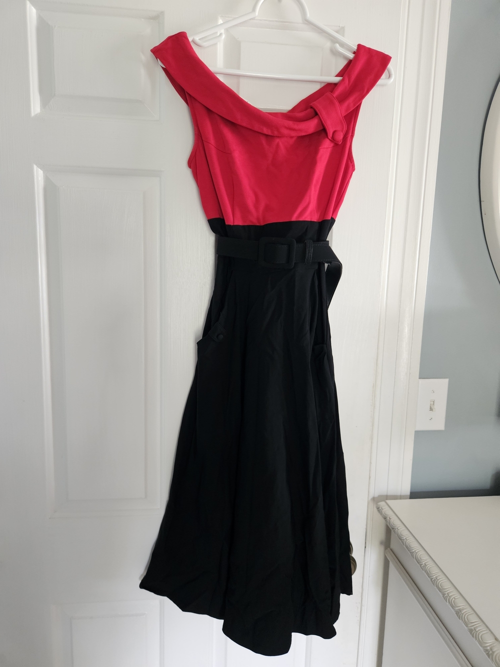 Unique Vintage Red and Black Off the Shoulder Belted Fit-and-Flare Dress
